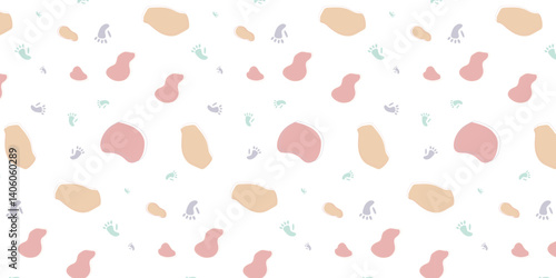 scatter seamless pattern with monkey footprints and fluid shapes