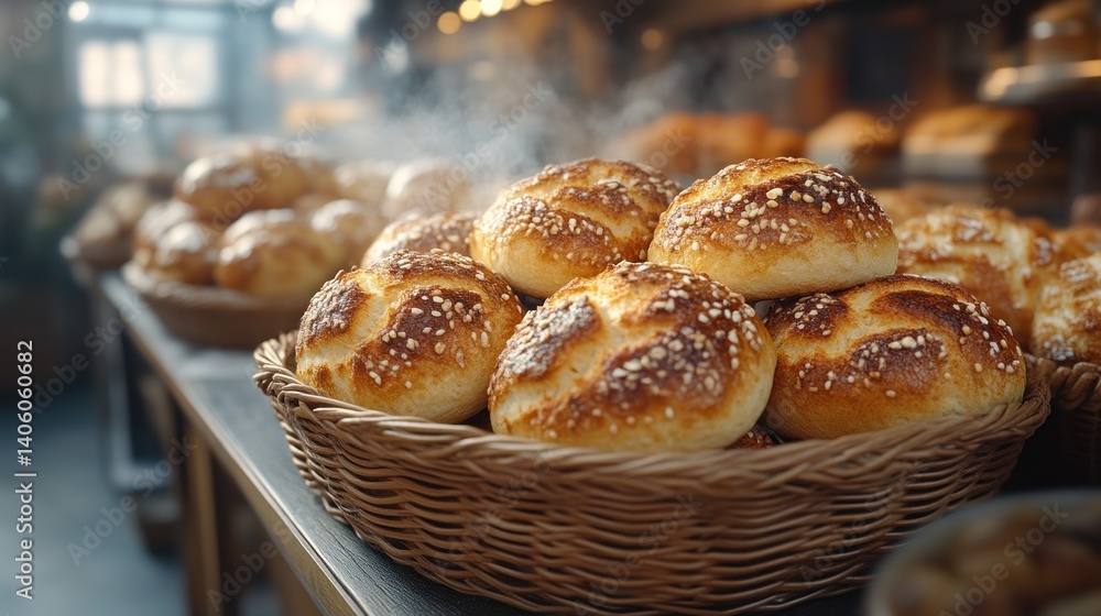 Freshly Baked Rolls in Wicker Basket Steaming Bread Display Bakery Counter Golden Sesame Top Freshly Baked Rolls in Wicker Basket Steaming Bread Display Bakery Counter Golden Sesame Top