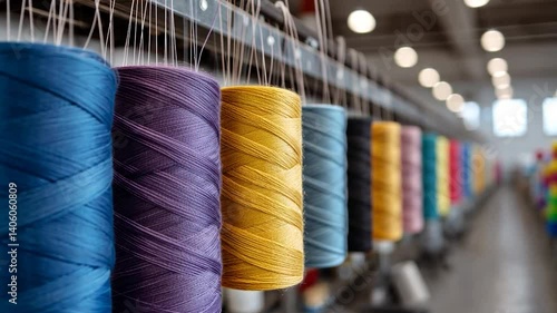 Colorful spools of thread hanging in a textile workshop with soft lighting and blurred background