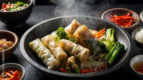 A steaming hot wok with fried spring rolls fresh vegetables and savory souse ingredients, vegetables, wok, spring rolls, , fried