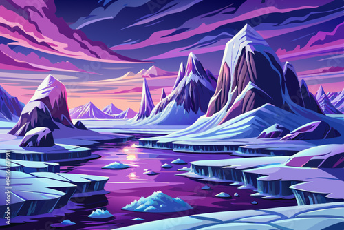 Polar Region Rugged arctic coastline with ice floes under cold blue hues at twilight, Simple cartoon design Flat style vector illustration, beautiful purple sky