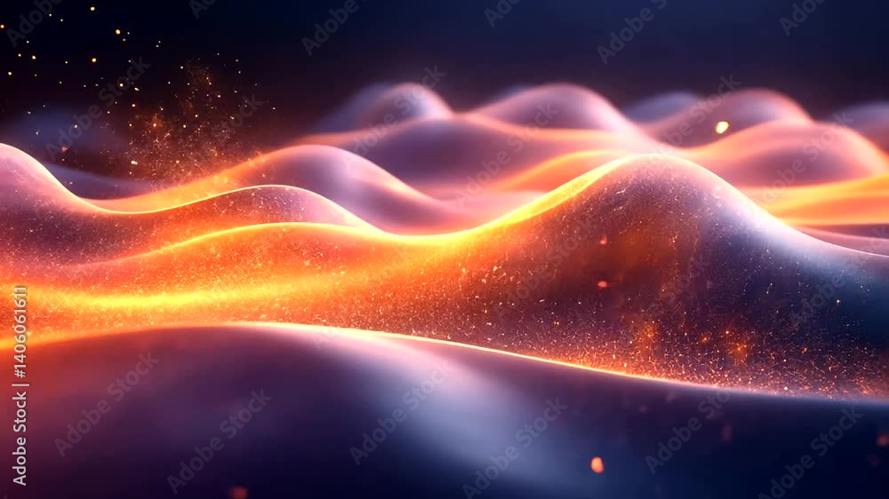 Glowing waves, fiery particles, dark background, digital art, website banner Glowing waves, fiery particles, dark background, digital art, website banner