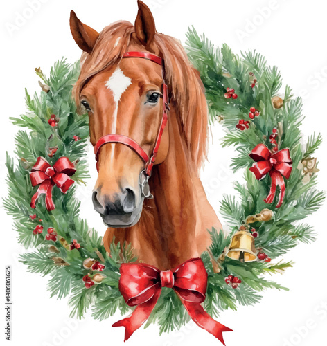 Watercolor Horse with Christmas Wreath on Isolated White Background. Vector Illustration. The Symbol of the 2026 New Year.