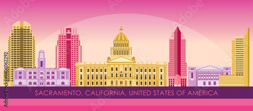 Sunset Skyline panorama of Sacramento, California, United States - vector illustration