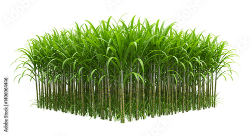 A dense patch of green sugarcane plants with tall stalks and leaves against a black background isolated view