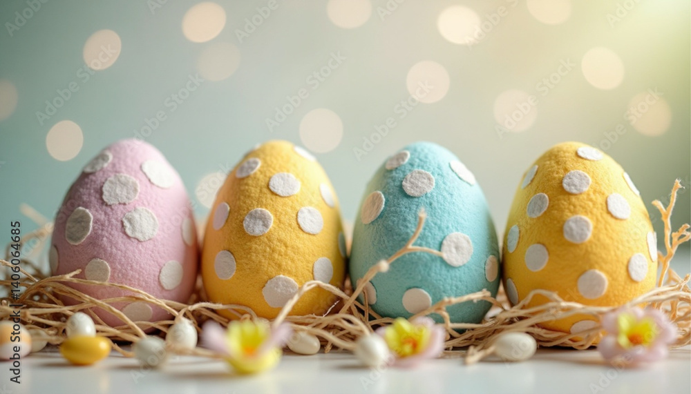Fototapeta premium Four colorful Easter eggs with polka dots on a nest background, surrounded by festive spring decorations, symbolizing joy and celebration for the Easter holiday season.