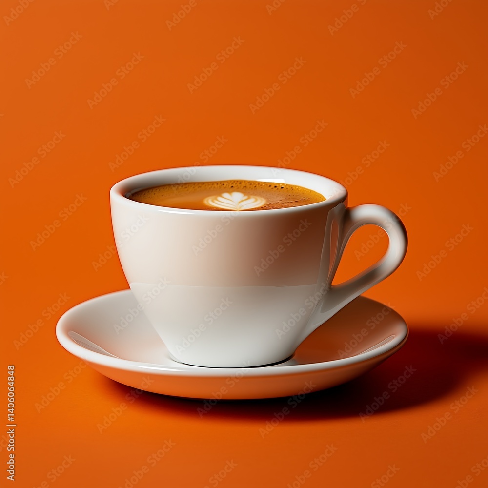Coffee Cup Serenity: A ceramic coffee cup, brimming with aromatic coffee, elegantly rests on a matching saucer against a vibrant orange backdrop. Capturing the inviting warmth and simple pleasure. Coffee Cup Serenity: A ceramic coffee cup, brimming with aromatic coffee, elegantly rests on a matching saucer against a vibrant orange backdrop. Capturing the inviting warmth and simple pleasure.