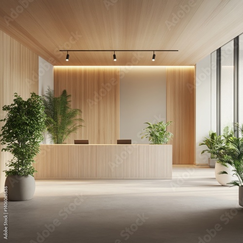 image of a modern wellness clinic reception area with natural light soft dcor and a minimalist design isolated on a plain background  a serene reception with natural wood accents plants 