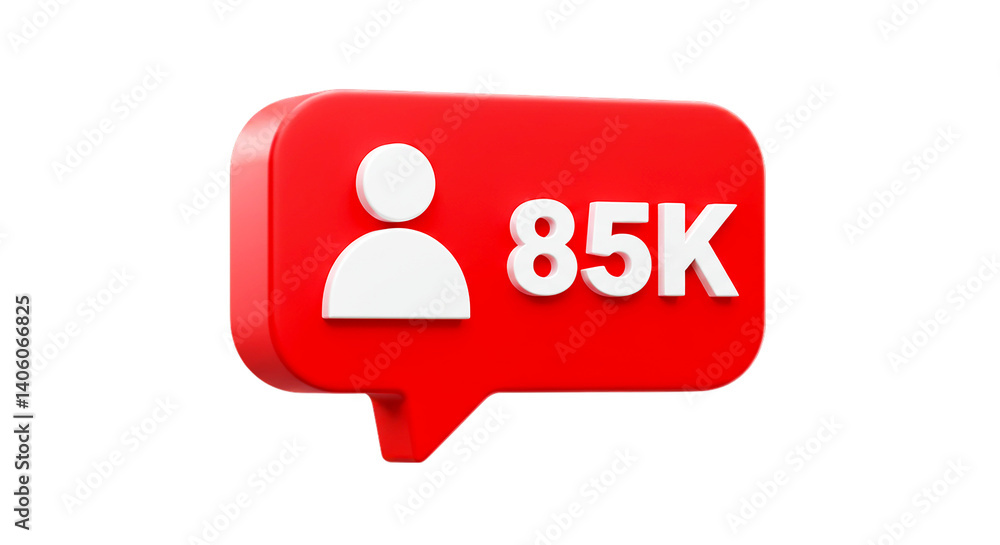 Fototapeta premium A red notification box with a white user icon and the text 85k on a black isolated background