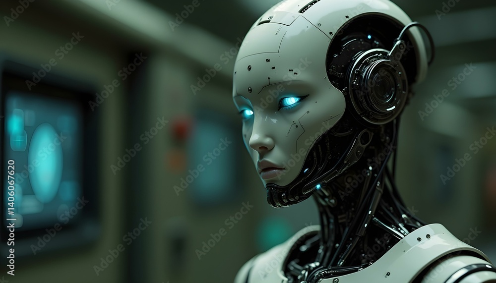 Robotic Humanoid with Glowing Eyes in a Futuristic Laboratory Setting Robotic Humanoid with Glowing Eyes in a Futuristic Laboratory Setting