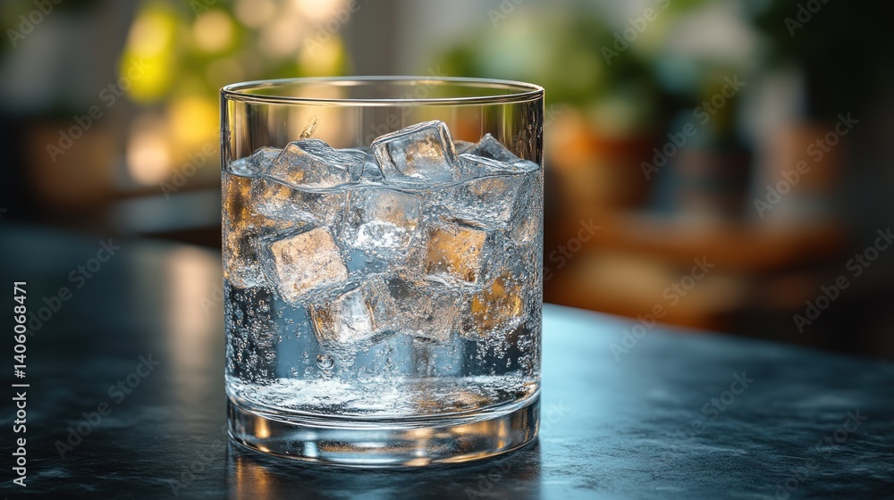 Refreshing Glass of Water with Ice Cubes on a Dark Surface Refreshing Glass of Water with Ice Cubes on a Dark Surface