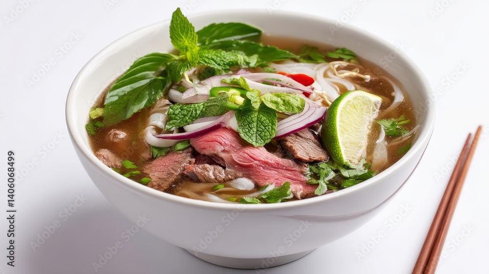 A Delicious Bowl of Traditional Vietnamese Pho with Fresh Herbs, Slices of Beef, and Lime, Perfect for a Cozy Meal or Culinary Photography Session A Delicious Bowl of Traditional Vietnamese Pho with Fresh Herbs, Slices of Beef, and Lime, Perfect for a Cozy Meal or Culinary Photography Session