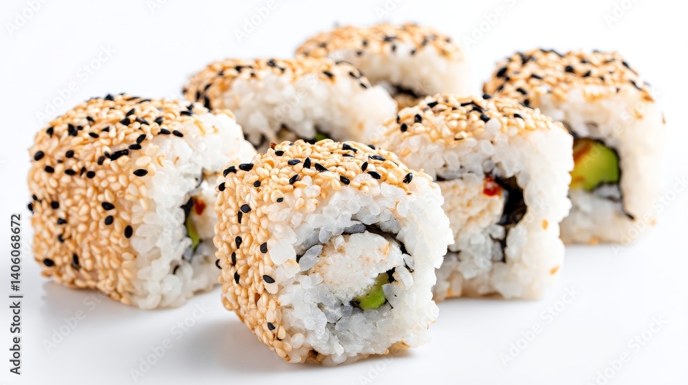 Delicious sushi rolls with sesame seeds, featuring fresh ingredients like avocado and fish, perfect for culinary enthusiasts and food photography lovers alike. Delicious sushi rolls with sesame seeds, featuring fresh ingredients like avocado and fish, perfect for culinary enthusiasts and food photography lovers alike.