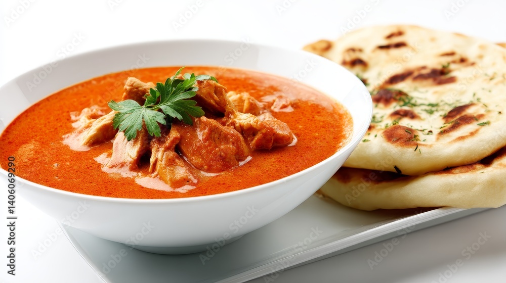 Delicious bowl of creamy chicken curry accompanied by freshly baked naan bread, garnished with fresh herbs, perfect for a cozy meal at home or a festive gathering. Delicious bowl of creamy chicken curry accompanied by freshly baked naan bread, garnished with fresh herbs, perfect for a cozy meal at home or a festive gathering.