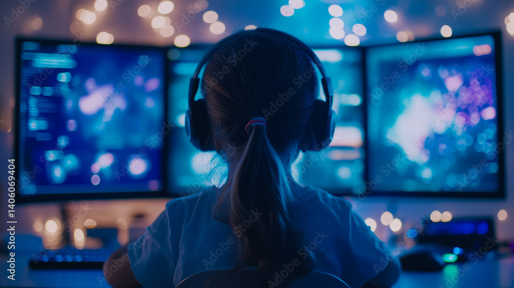 Obraz premium Modern Entertainment: Girl immersed in digital world, gaming on multiple screens with headset, lit by blue light and warm string lights.