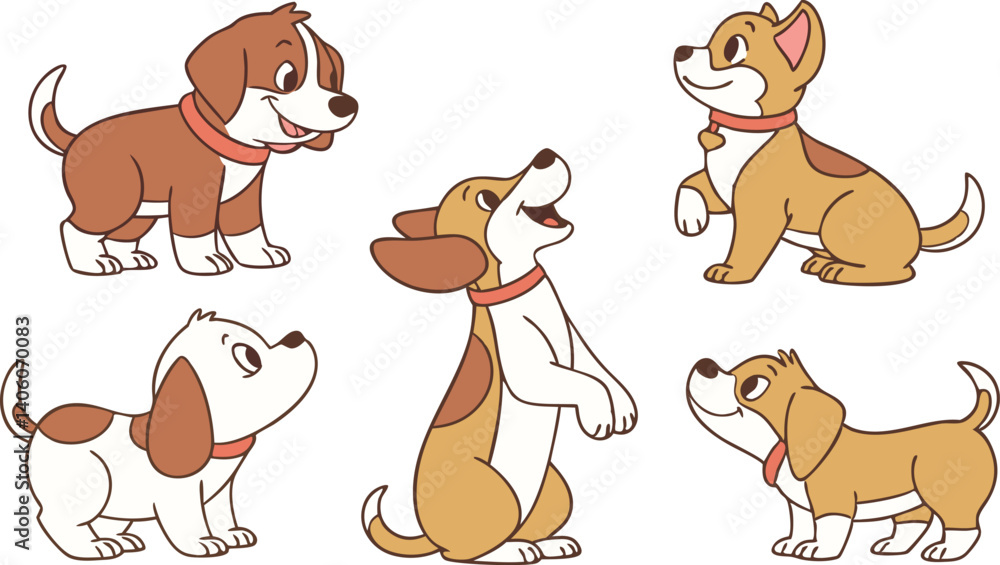 Fototapeta premium Cute Cartoon Dog Breeds Vector Set - Colorful Flat Animal Illustrations for Kids, Posters, and Pet Designs.eps