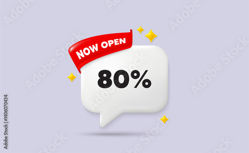 Discount chat speech bubble. Now open flag ribbon. 80 percent off sale tag. Discount offer price sign. Special offer symbol. 3d sparkle stars speech bubble. Vector