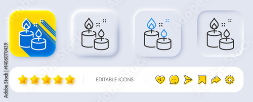 Aroma candles line icon. Neumorphic, Flat shadow, 3d buttons. Spa candlelight sign. Aromatic wick for relaxation symbol. Line aroma candle icon. Social media icons. Vector