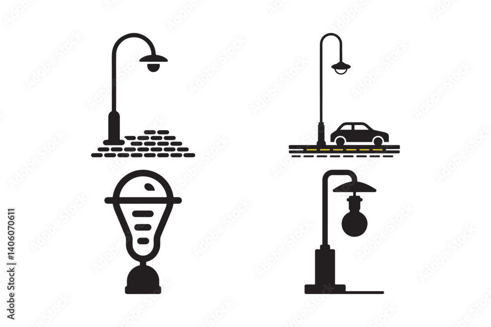 Street Lamp Vector Set Urban Lighting Pole and Road Light Icons Street Lamp Vector Set Urban Lighting Pole and Road Light Icons