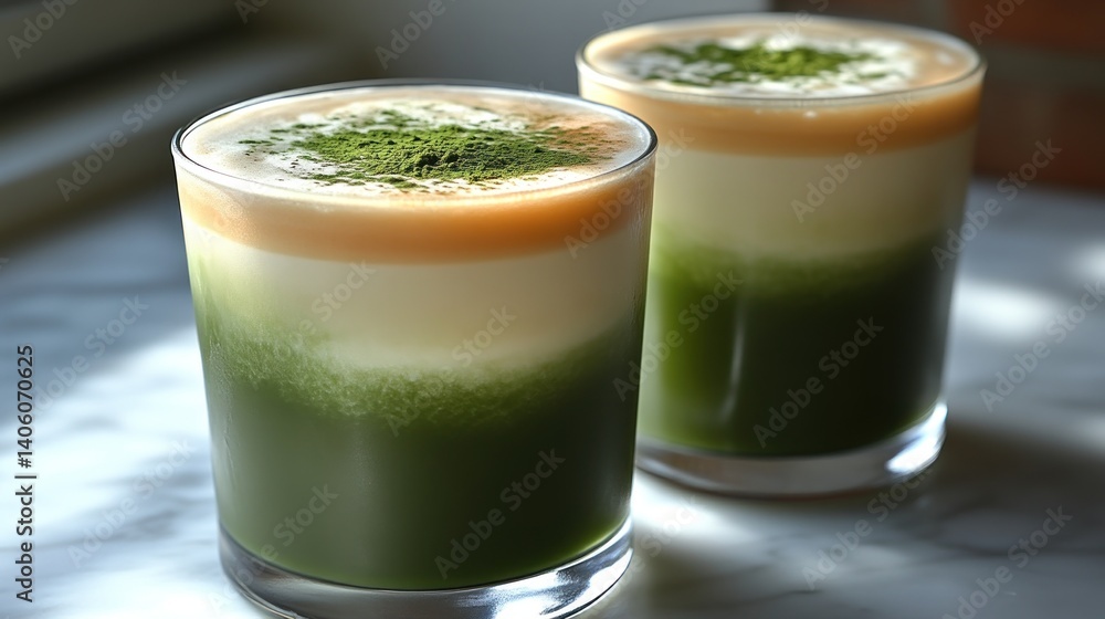 Refreshing Matcha Layered Drinks in Glass Cups with Frothy Toppings and Vibrant Green Powder Refreshing Matcha Layered Drinks in Glass Cups with Frothy Toppings and Vibrant Green Powder