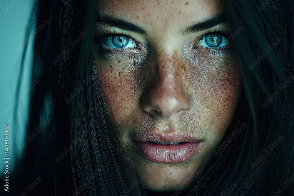 A captivating close-up portrait of a young woman with freckles, striking blue eyes, and dark hair against a soft, neutral background, showcasing her natural beauty. A captivating close-up portrait of a young woman with freckles, striking blue eyes, and dark hair against a soft, neutral background, showcasing her natural beauty.