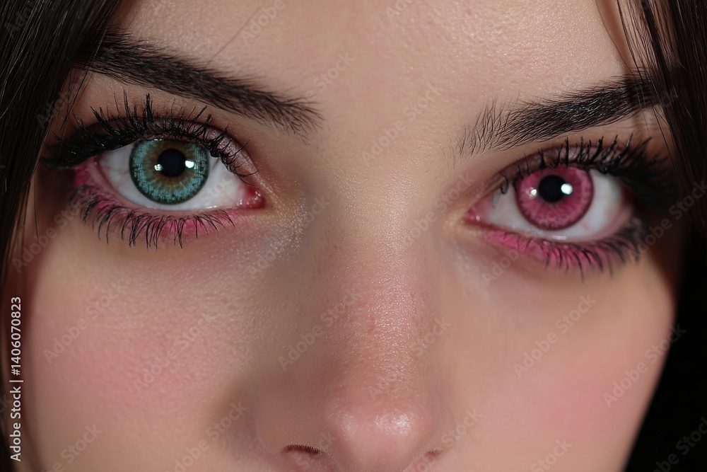 Close up shot of a woman's face featuring one green and one pink eye with long eyelashes, showcasing the beauty and uniqueness of heterochromia iridum. Close up shot of a woman's face featuring one green and one pink eye with long eyelashes, showcasing the beauty and uniqueness of heterochromia iridum.