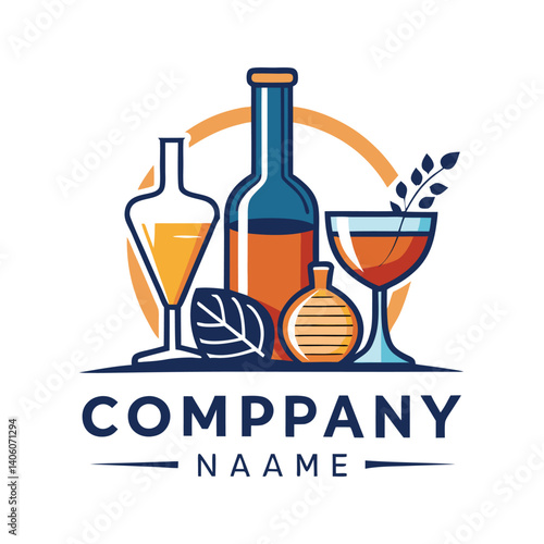 Company logo featuring stylized bottles, glasses, and a leaf, suggesting a beverage or mixology company