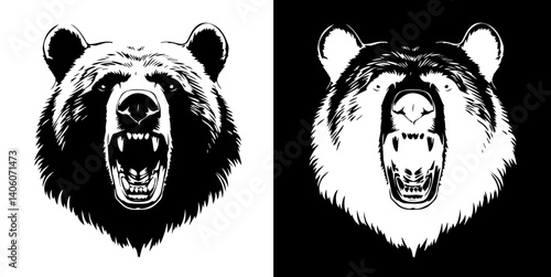 Dire bear face silhouette isolated on white and black background