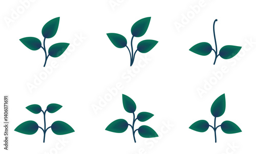 Plants with leaves green gradient illustration set. Nature and planting design elements. Isolated vector images
