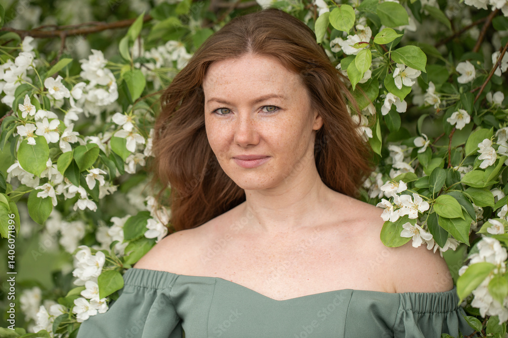 Young red-haired woman posing in a blooming garden Young red-haired woman posing in a blooming garden