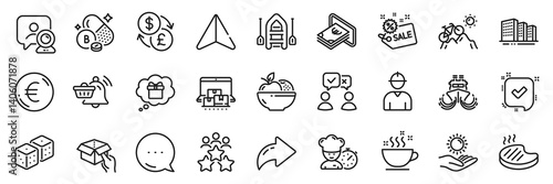 People voting, Sun protection and Dice line icons pack. Share, Message, Paper plane icons. Boat, Engineer, Gift dream web icon. Sale, Video conference, Currency exchange pictogram. Vector