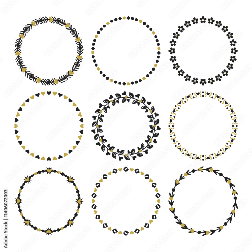 Cute blank spring black and golden heart and floral round wreaths and circle border decorative patterns emblems, badges, stamps and and design elements set for frameworks Cute blank spring black and golden heart and floral round wreaths and circle border decorative patterns emblems, badges, stamps and and design elements set for frameworks