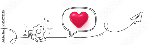 Money line icon. Continuous line with share plane. Transfer payment sign. Bank account maintenance symbol. 3d heart in speech bubble. Money single line ribbon. Loop curve pattern. Vector