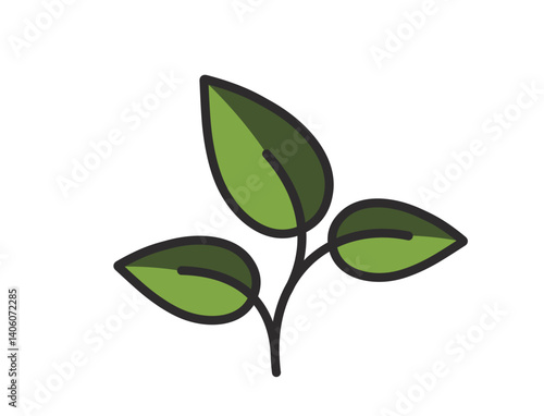 Curved plant sprout with three leaves illustration in green colors. Spring, planting and nature design element. Isolated vector image