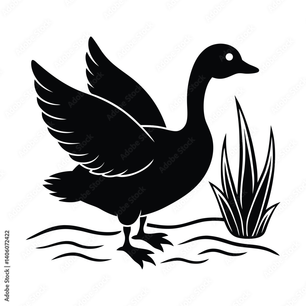 Obraz premium silhouette of duck flapping wings by pond