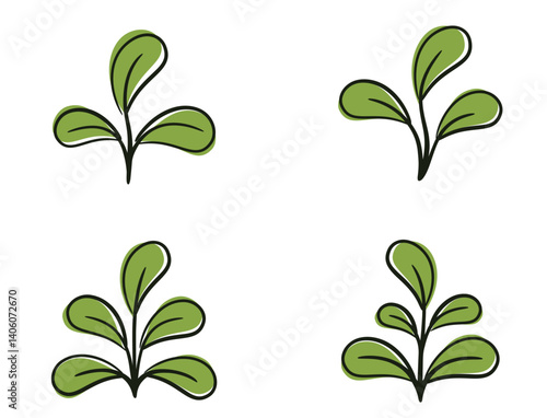 Vegetable sprouts and seedling with rounded leaves. Seedling and planting design elements. Isolated vector images
