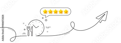 Food time line icon. Continuous line with share plane. Meal order clock sign. Restaurant opening hours symbol. Five star rate review in speech bubble. Food time single line ribbon. Vector