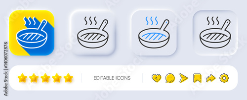 Grill pan line icon. Neumorphic, Flat shadow, 3d buttons. Cooking food griddle sign. Hot frying pan symbol. Line grill pan icon. Social media icons. Vector