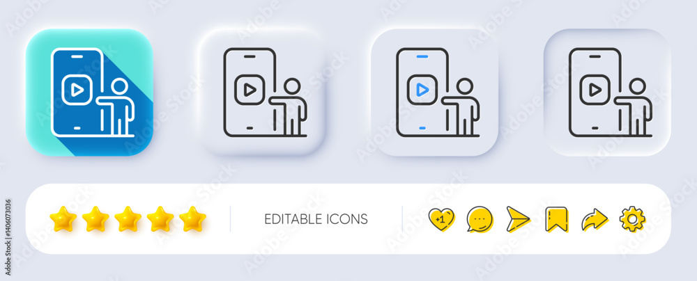 Fototapeta premium Phone video line icon. Neumorphic, Flat shadow, 3d buttons. Smartphone application sign. Cellphone mobile device symbol. Line phone video icon. Social media icons. Vector