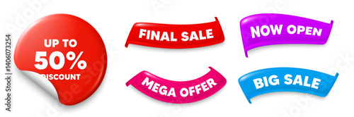 Discount tag sticker, Sale offer ribbons. Big sale, Now open. Up to 50 percent discount. Sale offer price sign. Special offer symbol. Save 50 percentages. Sticker badge. Flag ribbon banners. Vector