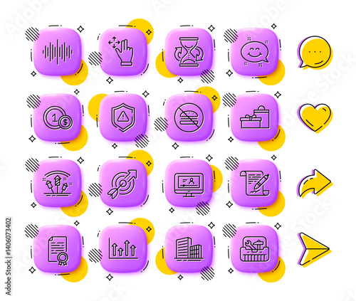 Upper arrows, Agreement document and Hourglass line icons. App 3d buttons. Social media comment, share, like icons. Pack of Online video, Buildings, Attention icon. Vector