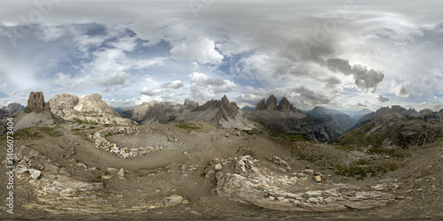360 panoramic image of mountain peak Sextenstein, with a view on Tre Cime di Lavaredo