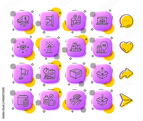 Carry-on baggage, Parcel delivery and Lighthouse line icons. App 3d buttons. Social media comment, share, like icons. Pack of Exit, Cash transit, Baggage calendar icon. Vector