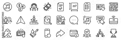 Approved checklist, No music and Award cup line icons pack. Share, Message, Paper plane icons. Inclusion, Fake information, Technical documentation web icon. Vector