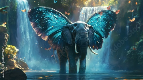 Elephant with butterfly wings in serene waterfall scene with vibrant foliage and scattered butterflies fantasy theme