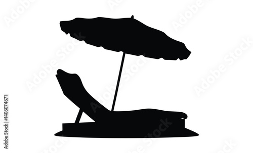 Beach chair and umbrella silhouette, Vector beach lounge illustration, Summer vacation chair graphic, Outdoor relaxing scene silhouette