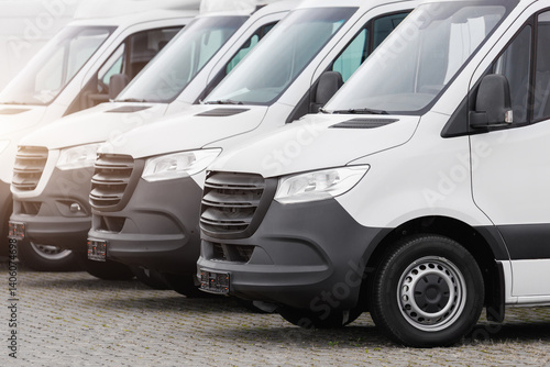 Fleet new modern electric hybrid hydrogen or diesel white vans parked in line row outdoors. Cargo freight industrial courier transportation logistics service. Commercial vehicle maintenance insurance