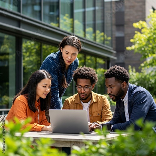 asian and african american young people in diverse business group checking the computer together outdoors in a green and sunny environment