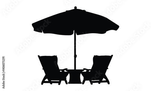 Beach chair and umbrella silhouette, Vector beach lounge illustration, Summer vacation chair graphic, Outdoor relaxing scene silhouette