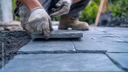 Fototapeta Naklejka Na Ścianę i Meble -  Mason installing stone tiles for an exterior pathway. Featuring stone tiling and landscaping
